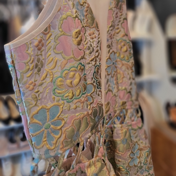 Cut-out halter top brocard party dress- pastel and gold - Alessandro Miele - Picture 2 of 7